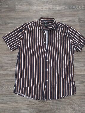 Forever 21 Men's Short Sleeve Striped Button-Down Shirt - Navy, White, Brown